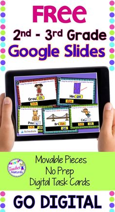 a hand holding an ipad with the text free 2nd grade google slides