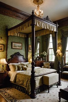 a four poster bed in a bedroom with green walls