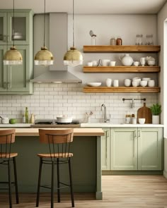 the kitchen is clean and ready to be used for cooking or baking, with two stools in front of the island