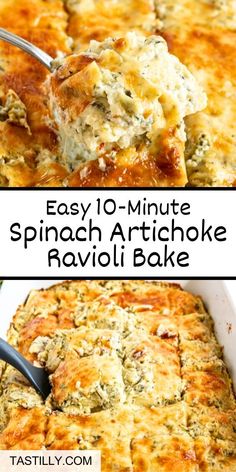 spinach artichoke ravioli bake in a white casserole dish