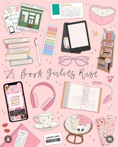 a pink book cover with books, headphones, and other items on top of it