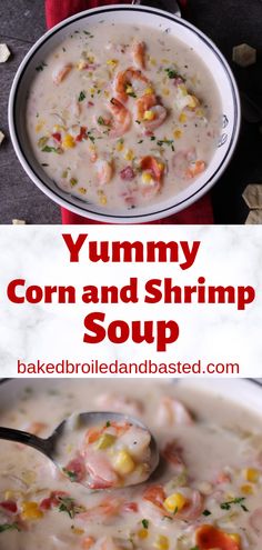 a bowl of corn and shrimp soup with a spoon