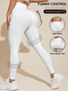 Women Solid Color High Waist Casual Fitness Workout Leggings, Sports White    Fabric Plain Regular Medium Stretch All Women Activewear, size features are:Bust: ,Length: ,Sleeve Length: Girls Pajamas, Inspiration Mode, White Fabrics, Workout Leggings, Active Wear For Women, Kid Shoes, Short Sets, Solid Black, Summer Women