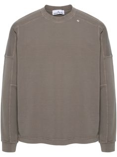 taupe brown cotton blend jersey texture embroidered logo to the front panelled design crew neck long sleeves ribbed cuffs straight hem Stylish Hoodies, Beachwear Skirt, Mens Outfit Inspiration, Versace Outfit, Jersey Sweatshirt, Balenciaga Triple S, New Sneakers, Stone Island, T-shirt Polos