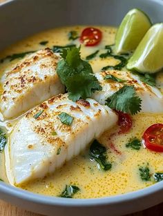 two fish in a yellow broth garnished with cilantro and lime