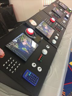 the table is set up with buttons and other items