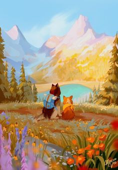 two dogs are sitting on the ground in front of some flowers and trees, with mountains in the background