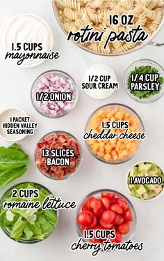 the ingredients for this pasta salad are shown in bowls and labeled with different types of toppings