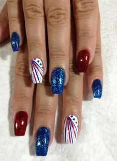 35+ Patriotic Nail Designs to Show off Your Red, White, and Blue - Holidappy Patriotic Nail Designs, Patriotic Nail, Patriotic Nails Design, Firework Nails, Patriotic Nails, Fingernail Designs, July Nails, Short Acrylic Nails Designs, Nail Designs Glitter