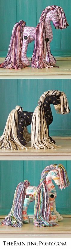 three different pictures of the same horse made out of paper mache and yarns