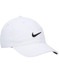 This Heritage86 hat is ready to help you show off your style on the course. Designed by Nike Golf, it features embroidered details of the iconic Swoosh on the front and back. This Dri-fit cap also includes an adjustable faux leather strap with a buckle to ensure a comfy fit. Classic Six-panel Golf Hats, Classic Six-panel Sports Hat, Sporty Golf Hat With Curved Brim, Nike Sports Hat With Curved Brim, Nike Sports Hat One Size, Classic Sports Visor Dad Hat, White Six-panel Golf Hat, Classic White Sports Hat, White Baseball Cap For Golf