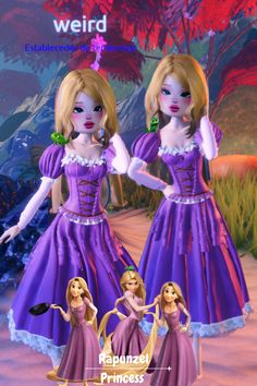 two girls dressed in purple dresses standing next to each other