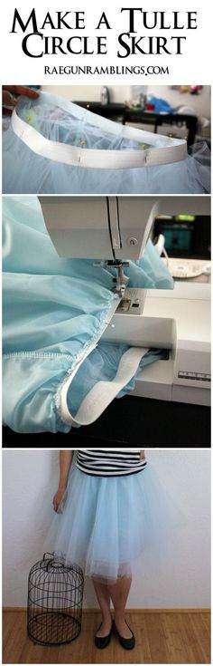 a woman standing next to a sewing machine with the words make a tulle circle skirt