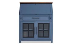 a blue cabinet with glass doors on the front and bottom shelves, against a white background