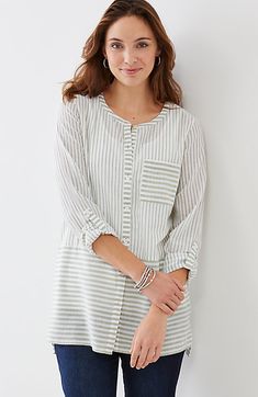 striped button-front cotton tunic style no.W6039V     Button-front tunic with vertical stripes above the waist and horizontal stripes below and on the front pocket. Round neckline. Long sleeves roll and tab to 3/4 length. Trocas shell buttons. Side vents. Slightly longer in back. Thigh length.          Thigh length: M 30½", P 28½", W 32", T 32½"         Long sleeves         Front closure         100% cotton woven         Machine wash, tumble dry, low Cotton Tunic, Pretty Blouses, Tunic Styles, Blouse Designs, Casual Tops, A Woman, Tops Designs, Tunic Tops, Mac