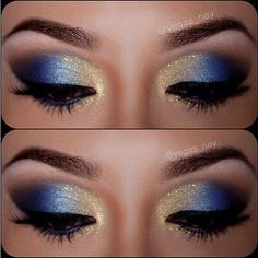 gold and blue eye makeup It's gorgeous ever though I won't wear it myself Gold And Blue Makeup Black Women, Royal Blue Natural Makeup, Gold And Blue Eyeshadow, Blue And Gold Makeup Looks, Blue And Black Eyeshadow, Blue And Gold Eyeshadow, Blue Gold Makeup, Blue And Gold Makeup, Eyeliner Trends