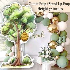 an image of a tree with balloons hanging from it's sides and the words cutout prop / stand up prop height 7 inches