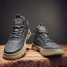 Russoo - Casual Mens Skate Shoes: Windproof Lace-up Mid-high Tops with PU Leather Uppers, Ideal for Outdoor Wear in Autumn and Winter Mens Lace Up Boots, Mens Skate Shoes, Mens Rain Boots, Mens Canvas Shoes, Mens Loungewear, Mens Casual Dress, Big And Tall Outfits, High Top Shoes, Outdoor Wear