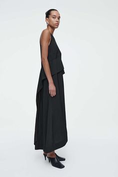 DRAPED-PEPLUM MAXI DRESS - BLACK - COS Pre-draped Black Maxi Dress, Staud Black Summer Dresses, Black Sleeveless Pre-draped Maxi Dress, Black Asymmetrical Pre-draped Maxi Dress, Cos Black Dress, Boho Chique, Black Shade, Raw Material, Shades Of Black