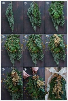 step by step instructions on how to make a christmas wreath with pine cones and berries