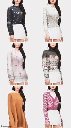 four different poses of the same woman wearing sweaters and skirts, with long black hair