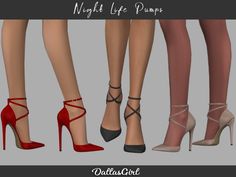 four pairs of high heeled shoes with ankle straps and heels on each side, all in different colors