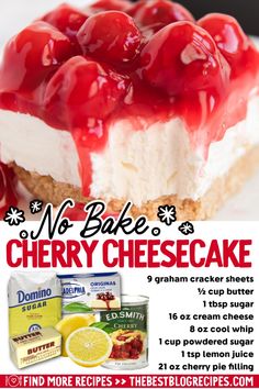 no bake cherry cheesecake with yogurt and cranberries on top