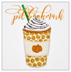 an orange and white cup with a green straw in it is next to the words just pumpkin milkshake