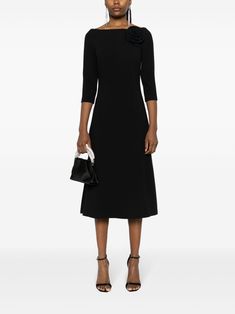 Chic 3/4 Sleeve Midi Dress For Evening, Black Boat Neck Midi Dress For Formal Occasions, Evening Dresses With Sleeves, Boat Neck Dress, Yoko London, Flower Detail, Mid Length Dresses, Exclusive Fashion, Black Stretch