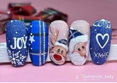 Santa Claus Nail Art, Easy Christmas Nail Art, Nail Noel, Nail Art Easy, Christmas Nail Art Easy, Blue Nail Art Designs, Santa Nails, Festive Nail Designs