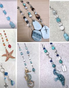 many different necklaces with sea creatures and stones on them, all in various colors