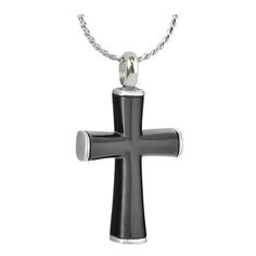 a black cross pendant on a silver chain