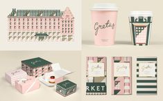 the branding and packaging design for a coffee shop is shown in three different colors, including pink