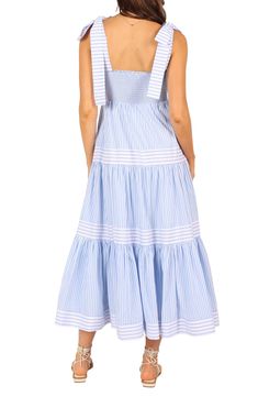 Allover stripes relax the vibe of this all-cotton maxi dress with oversized bows at each shoulder. Side zip closure Square neck Sleeveless Lined 100% cotton Hand wash, dry flat Imported Petal And Pup, Usa Dresses, Design Square, Clothing Details, Cotton Maxi, Maxi Dress Cotton, Print Style, Striped Tie, Boho Maxi Dress