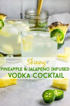 pineapple and jalapeno infused vodka cocktail with sliced limes on the side