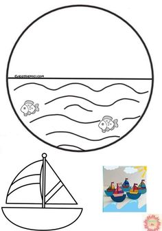 an image of a boat with fish in the water and another drawing on it's side