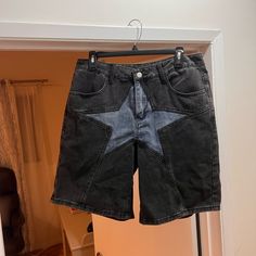 Brand New. Never Been Worn. Denim Shorts Trendy Black Bottoms With Star Print, Casual Black Bottoms With Star Print, Trendy Black Jeans With Star Print, Casual High Waist Jean Shorts With Star Print, Black Star Print Bottoms For Streetwear, Black Grunge Jean Shorts, Black Cotton Y2k Jean Shorts, Black Cotton Grunge Jean Shorts, Grunge High-waist Denim Shorts