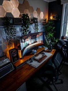 a desk with a computer monitor and keyboard on it