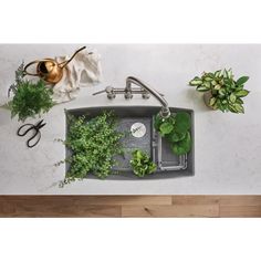 an overhead view of a sink with plants and scissors on the counter next to it