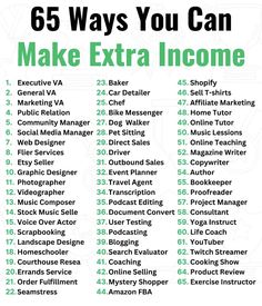 a green and white poster with the words 65 ways you can make extra money