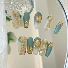 Color Tone: Blue, Golden Nail Shape: square shape Nail Length: long nail pattern: marble, stripe Nail Finishes: matte Nails Today, Diamond Nails, Stick On Nails, Luxury Nails, Perfect Gift For Him, Fall Nail Designs, Nail Accessories, Gold Nails, Coraline