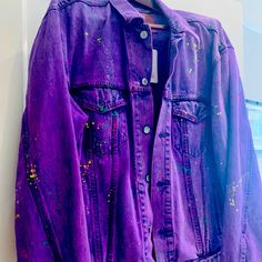 Brand New With Tag Oversized Look Bought At A Boutique In Lil Tokyo Here In Los Angeles *Missing Button On Left Sleeve As Can Be Seen In Photo. Didn’t Notice Till After I Got Home. Purple Relaxed Fit Cotton Outerwear, Levis Jean Jacket, Dyed Denim, Music Club, Levis Jacket, Levi’s Jeans, Fairy Costume, Kawaii Clothes, Paint Splatter