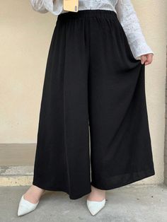 Plus Size Casual Solid Color Wide Leg Pants Skirt Black Casual   Woven Fabric Plain Wide Leg Slight Stretch Spring/Fall Women Plus Clothing, size features are:Bust: ,Length: ,Sleeve Length: Casual Wide Leg Pants For Spring, Casual Summer Culottes With Wide Hem, Casual Wide Hem Spring Pants, Casual Wide Hem Pants For Spring, Black Stretch Culottes For Spring, Black Elastic Waistband Culottes For Spring, Stretch Summer Bottoms With Wide Hem, Casual Black Cotton Culottes, Black Cotton Casual Culottes