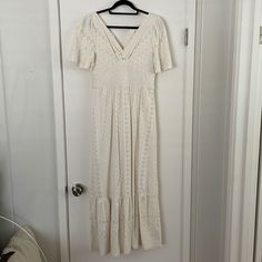 Nwt. Amazing Quality. Just Been Sitting In My Closet. Would Also Work Great For A Bridal Shower, Bachelorette Or Wedding Waist About 15 Inches When Laying Flat Shoulder To Hem About 54 Elegant Off White Short Sleeve Maxi Dress, Cream Short Sleeve Maxi Dress For Brunch, Feminine Off White Short Sleeve Maxi Dress, Off White V-neck Midi Dress For Wedding, White Short Sleeve Maxi Dress With Lace Trim, Feminine Off White V-neck Maxi Dress, Feminine Off-white V-neck Maxi Dress, Cream V-neck Bohemian Dress, Cream Bohemian V-neck Dress