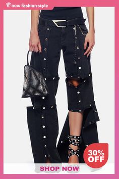 knowfashionstyle Black Casual High Waist Straight Leg Ripped Denim Jeans Denim Style Casual, Ripped Denim Jeans, High Waisted Black Jeans, Denim Jeans Ripped, Straight Leg Denim, Jeans Online, Ripped Denim, High Waisted Denim, High Waist Jeans