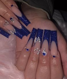 Royal Blue Prom Nails, Blue Prom Nails, Quince Nails, Blue And Silver Nails, Quinceanera Nails, Royal Blue Nails, Dark Blue Nails, Navy Blue Nails, Blue Acrylic Nails