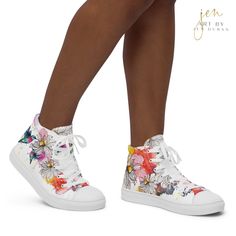 Stand out & make a statement with these Women’s High Top Canvas Shoes 🔥 WHY YOU’LL LOVE IT: ✓ 100% polyester canvas upper side ✓ Ethylene-vinyl acetate (EVA) rubber outsole ✓ Breathable lining, soft insole ✓ Faux leather top cap ✓ Padded collar, lace-up front ✓ Printed, cut, and handmade to order Made from premium materials, these durable and breathable Women’s High Top Canvas Shoes are stylish and the ideal piece for completing an outfit. Art & Design Copyright ©2024 Art By Jen Duran, All righ