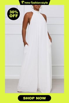 White Elegant Solid Patchwork Halter Straight Jumpsuits White Summer Jumpsuits For Night Out, White Jumpsuits And Rompers For Summer Night Out, Summer White Jumpsuits And Rompers For Night Out, White Jumpsuit For Summer Night Out, Non-stretch Solid Color Summer Jumpsuits And Rompers, Non-stretch Solid Color Jumpsuits And Rompers For Summer, Solid Color Non-stretch Summer Jumpsuits And Rompers, Spring Party Jumpsuits And Rompers In Solid Color, Spring Party Solid Color Jumpsuits And Rompers