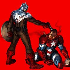 Captain America (James Barnes) vs. Iron Patriot (Norman Osborn) | art by Marko Djurdjevic Marko Djurdjevic, Spiderman Comic Art, Norman Osborn