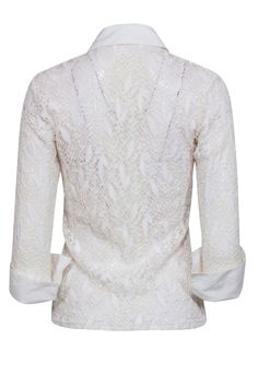 The white shirt is a quintessential style by designer Anne Fontaine. This embroidered version is special for the open lace design. Add a silk camisole for additional coverage and an interesting contrast. Size M (3) Based on measurements 59% Polyamide, 5% Elastane, 2% Viscose Embroidered lace Poplin collar and sleeves accent Button-down Bust 34" Waist 28" Shoulder to hem 23" Sleeve length 21" Elegant White V-neck Lace Top, Elegant White Tops With Lace Collar, Fitted Formal Tops With Lace Cuffs, Elegant White Top With Lace Collar, Formal Fitted Tops With Lace Cuffs, Formal Lace Tops With Lace Cuffs, Elegant V-neck Top With Lace Work, Elegant Summer Lace Top With Lace Cuffs, White Lace Top With Lace Cuffs For Party